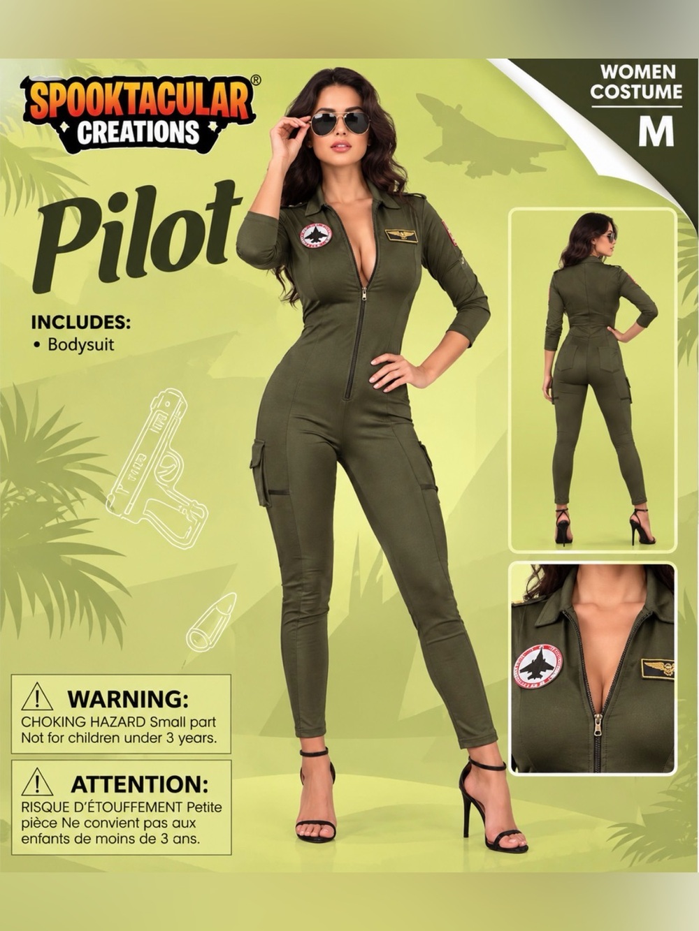 Women’s Pilot Halloween Costume Olive Green Flight Suit Jumpsuit Size Medium M
